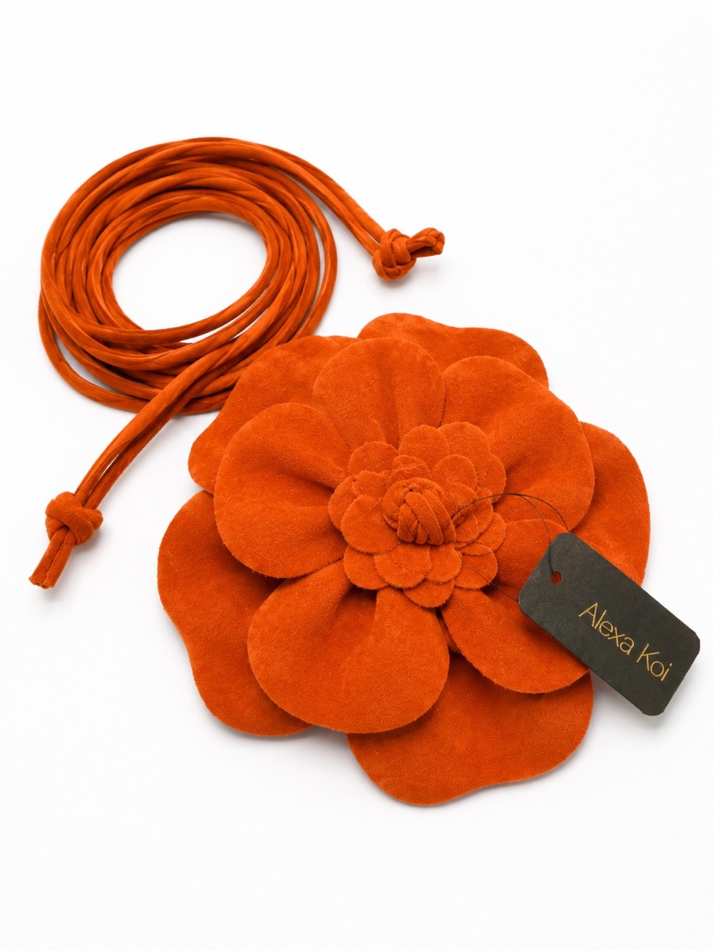 Alexa Koi Faux Suede Burnt Orange 3D Flower Wrap Belt – 86” Boho Statement Belt